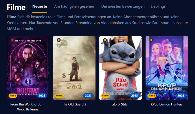 Screenshot der Benutzeroberfläche von Einschalten die eine moderne Streaming Plattform mit Filmen und Serien anzeigt.